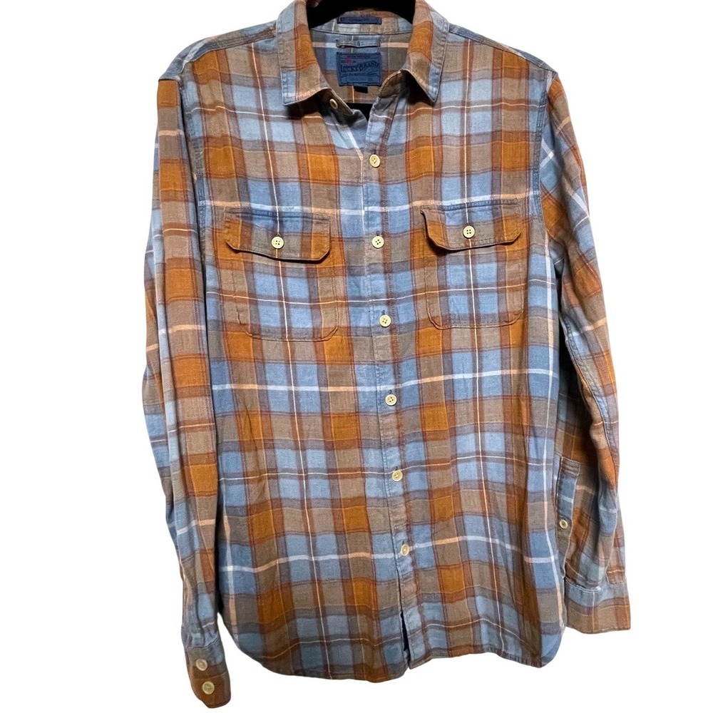 Lucky Brand Classic Fit Blue‎ Brown Check Button Down Shirt Men's Small